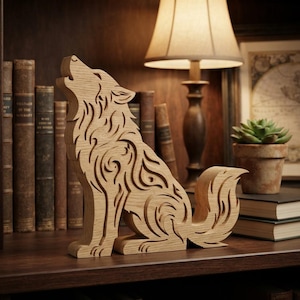 May include: A light brown wooden sculpture of a howling wolf featuring intricate cut-out swirl patterns throughout its body. The wolf is depicted in a seated position with its head tilted upward, showcasing a detailed grain texture on the wood surface.
