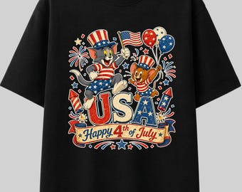 Camiseta del 250 aniversario de Tom y Jerry en Estados Unidos, camiseta patriótica de dibujos animados de 1776-2026, camiseta del 4 de julio de 2026, camiseta del Día de la Independencia con dibujos animados