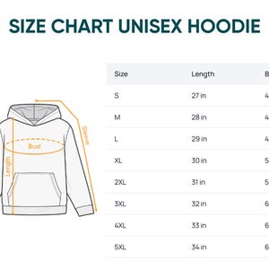 Puede incluir: Una tabla de tallas para sudadera con capucha unisex que incluye un dibujo lineal de la prenda con flechas naranjas que indican las medidas de largo, busto y manga. Una tabla enumera las tallas de S a 5XL con medidas en pulgadas.