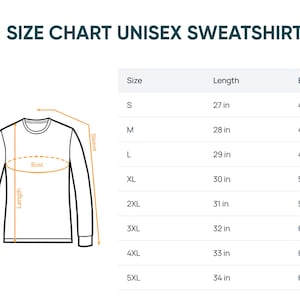 Puede incluir: Una tabla de tallas para sudadera unisex con un dibujo lineal de una prenda de manga larga que indica largo, busto y manga. Una tabla enumera las tallas de S a 5XL con las medidas correspondientes de largo y busto en pulgadas.