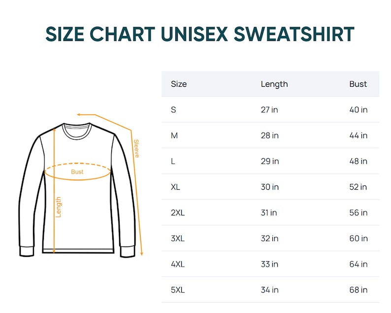 Puede incluir: Una tabla de tallas para sudadera unisex con un dibujo lineal de una prenda de manga larga que indica largo, busto y manga. Una tabla enumera las tallas de S a 5XL con las medidas correspondientes de largo y busto en pulgadas.