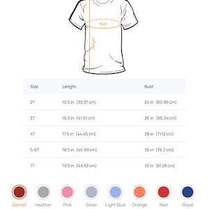 Puede incluir: Una tabla de colores y tallas para camisetas de ni&ntilde;o peque&ntilde;o con un dibujo lineal de una camiseta que indica el largo y el busto. Una tabla enumera las tallas de 2T a 7T con medidas en pulgadas y cent&iacute;metros. Las muestras de color incluyen garnet, heather, pink, silver, light blue, orange, red, royal, navy, black, white, apple y butter.