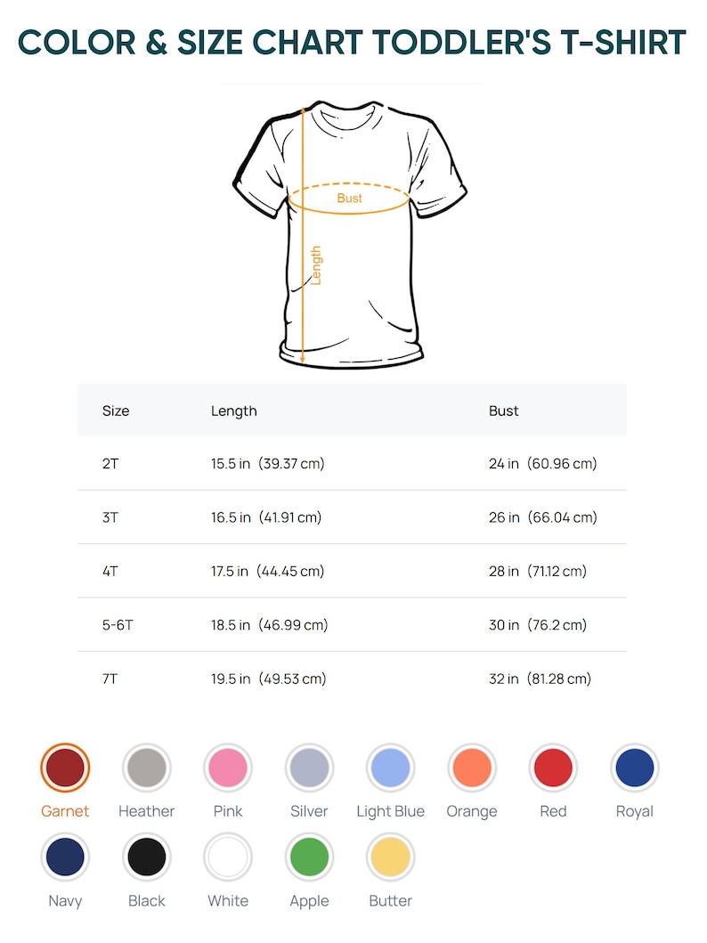 Puede incluir: Una tabla de colores y tallas para camisetas de ni&ntilde;o peque&ntilde;o con un dibujo lineal de una camiseta que indica el largo y el busto. Una tabla enumera las tallas de 2T a 7T con medidas en pulgadas y cent&iacute;metros. Las muestras de color incluyen garnet, heather, pink, silver, light blue, orange, red, royal, navy, black, white, apple y butter.
