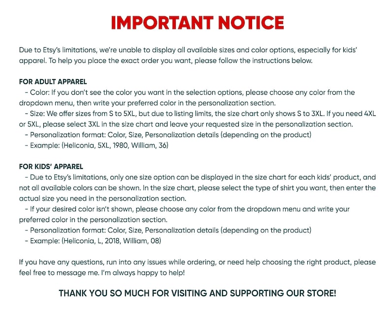 Puede incluir: Un gr&aacute;fico informativo con el texto rojo IMPORTANT NOTICE en la parte superior. Proporciona instrucciones para pedir ropa de adulto y ni&ntilde;o, explicando c&oacute;mo seleccionar colores y tallas de la S a la 5XL usando la secci&oacute;n de personalizaci&oacute;n.