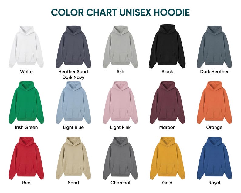 Puede incluir: Una carta de colores para sudaderas con capucha unisex que muestra quince sudaderas de manga larga con bolsillos delanteros en varios colores, incluyendo blanco, azul marino, ceniza, negro, gris oscuro, verde, azul claro, rosa, granate, naranja, rojo, arena, carb&oacute;n, oro y azul real.