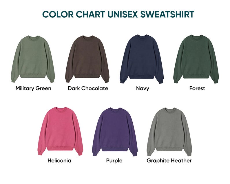 Puede incluir: Una carta de colores para sudadera unisex con siete sudaderas de cuello redondo y manga larga en verde militar, chocolate oscuro, azul marino, bosque, heliconia, morado y gris grafito. El texto dice COLOR CHART UNISEX SWEATSHIRT.