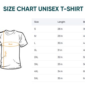 Puede incluir: Una tabla de tallas para camiseta unisex con un dibujo lineal de una camiseta y flechas naranjas que indican la longitud y el busto. Una tabla enumera las tallas de la S a la 5XL con las medidas correspondientes en pulgadas.