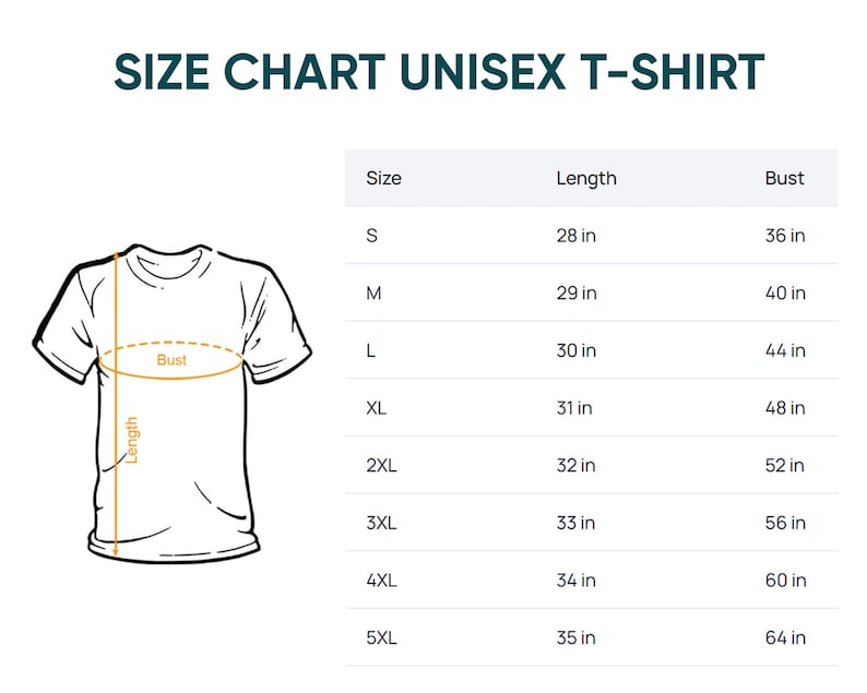 Puede incluir: Una tabla de tallas para camiseta unisex con un dibujo lineal de una camiseta y flechas naranjas que indican la longitud y el busto. Una tabla enumera las tallas de la S a la 5XL con las medidas correspondientes en pulgadas.