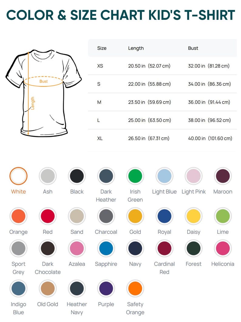Puede incluir: Una tabla de colores y tallas para camisetas de ni&ntilde;os con un dibujo lineal de una camiseta y medidas de largo y busto en cent&iacute;metros. Una tabla enumera las tallas de la XS a la XL. Debajo hay treinta y un c&iacute;rculos de colores.