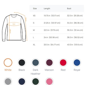 Puede incluir: Una tabla de colores y tallas para sudadera de ni&ntilde;o con un dibujo lineal de una prenda de manga larga que indica la longitud y el busto. Una tabla enumera las tallas de la XS a la XL con medidas en cm. Se muestran once c&iacute;rculos de color.