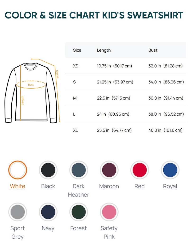 Puede incluir: Una tabla de colores y tallas para sudadera de ni&ntilde;o con un dibujo lineal de una prenda de manga larga que indica la longitud y el busto. Una tabla enumera las tallas de la XS a la XL con medidas en cm. Se muestran once c&iacute;rculos de color.