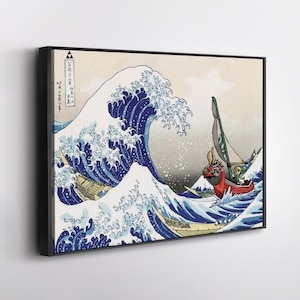The Legend of Zelda Wind Waker x The Great Wave Canvas – Video Game Art & Japanese Print Fusion, Hokusai Wave with Link, Gamer Wall Decor