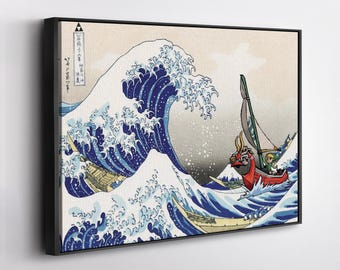 The Legend of Zelda Wind Waker x The Great Wave Canvas – Video Game Art & Japanese Print Fusion, Hokusai Wave with Link, Gamer Wall Decor