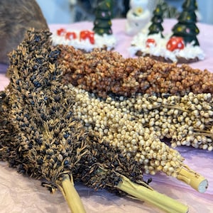 May include: Close-up of three bundles of dried sorghum, showcasing variations in color from dark brown to beige. The stems are a pale yellow. In the background, small ceramic Christmas trees and a bunny are visible, suggesting a seasonal theme.