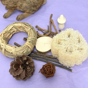 Könnte beinhalten: Eine Sammlung natürlicher Spielzeuge und Accessoires für Haustiere, darunter ein geflochtener Kranz, ein Tannenzapfen, eine Luffa, ein Holzpilz und ein kleiner geflochtener Ball. Die Artikel sind auf einer lila Oberfläche angeordnet.