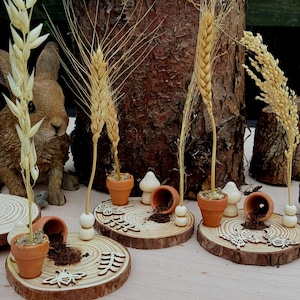 Può includere: Un'esposizione rustica con mini vasi in terracotta, fette di legno e spighe di grano. La composizione include piccoli ritagli di legno ed elementi decorativi, creando un'estetica naturale e terrosa. Sullo sfondo è visibile una statuina di coniglio marrone.