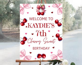 Cherry Bow Geburtstag Willkommensschild Bearbeitbare Rosa Schleife Geburtstagsparty Yard Zeichen Dekoration Druckbare Vorlage Druckbare Digitaler Download