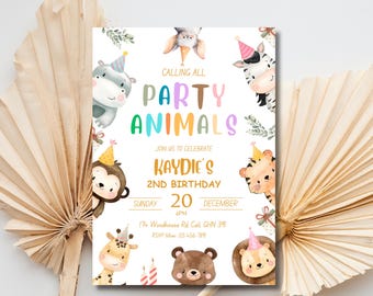 Partytiere Geburtstagseinladung Bearbeitbare Kindertiere-Geburtstagsfeier Druckbare Vorlage Digitaler Download