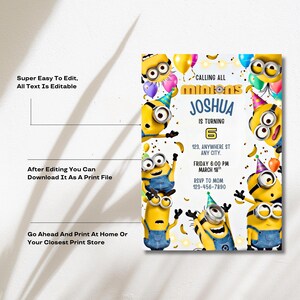 May include: A birthday party invitation featuring Minion characters. The invitation includes the text "Calling All Minions" and "Joshua is turning 6". The design is yellow, blue, and white with confetti and balloons. The invitation also includes the text "Super Easy To Edit, All Text Is Editable".