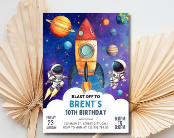 Weltraum Geburtstagseinladung Bearbeitbare Blast Off Geburtstagsparty Druckbare Vorlage Astronaut Digital Download