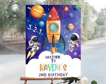 Blast Off Geburtstag Willkommensschild Bearbeitbares Raumschiff Geburtstagsparty Yard Zeichen Dekoration Druckbare Astronaut Vorlage Druckbare Download