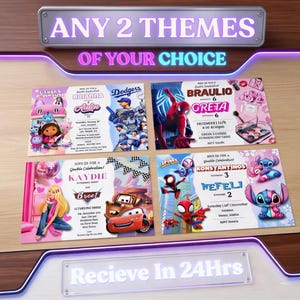 Könnte beinhalten: Das Bild zeigt sechs farbenfrohe Einladungsdesigns mit verschiedenen Themen, darunter Zeichentrickfiguren und Sport. Der Text oben lautet "ANY 2 THEMES OF YOUR CHOICE." Der Text unten lautet "Recieve In 24Hrs."
