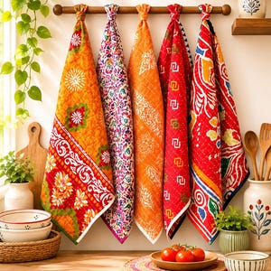 Könnte beinhalten: Fünf gesteppte Küchentücher hängen an einer Holzstange und zeigen lebendige Muster in Orange, Rot und mehrfarbigen Blumendesigns. Jedes Tuch weist aufwendige Steppnähte und markante, farbenfrohe Drucke auf, die eine dekorative Anordnung bilden.