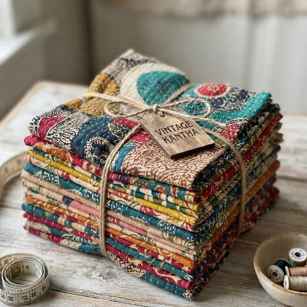 Vintage Kantha Fabric Scraps Bundle, Reclaimed Cotton, Slow Stitch, Journal Supplies