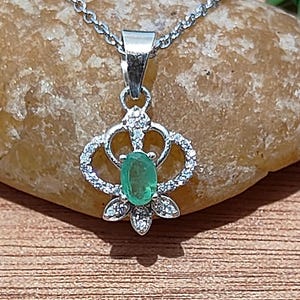 Natural Emerald Pendant Necklace, 925 Sterling Silver Pendant, Flower Design With Cubic Zirconia, Elegant Gift For Her, Birthstone Jewelry