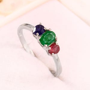 Emerald, Ruby & Sapphire Ring: 925 Sterling Silver Multi Stone