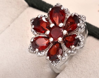 Handmade Garnet Flower Ring | 925 Sterling Silver, January Birthstone