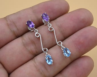 Orecchini Pendenti In Argento 925 Placcato Oro Con Topazio Blu E Ametista - Gocce Di Pietre Naturali Per Donna - Eleganti E Raffinati