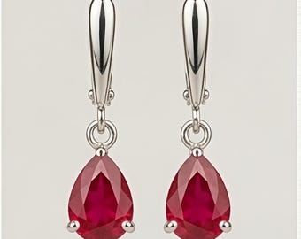Pear Cut Ruby Red Drop Earrings, 925 Sterling Silver Dangle, Minimalist Bridal Jewelry