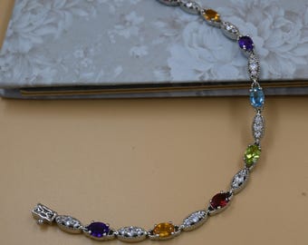 Pulsera de plata de ley con piedras preciosas multicolores: joyería de tenis con circonitas arcoíris