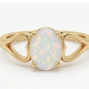 Oval Opal Ring, Gold Tone Split Shank Ring, Pastel Rainbow Gemstone Jewelry