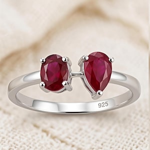 Two-Stone Ruby Ring, 925 Sterling Silver Open Bypass, Oval Pear Gemstone