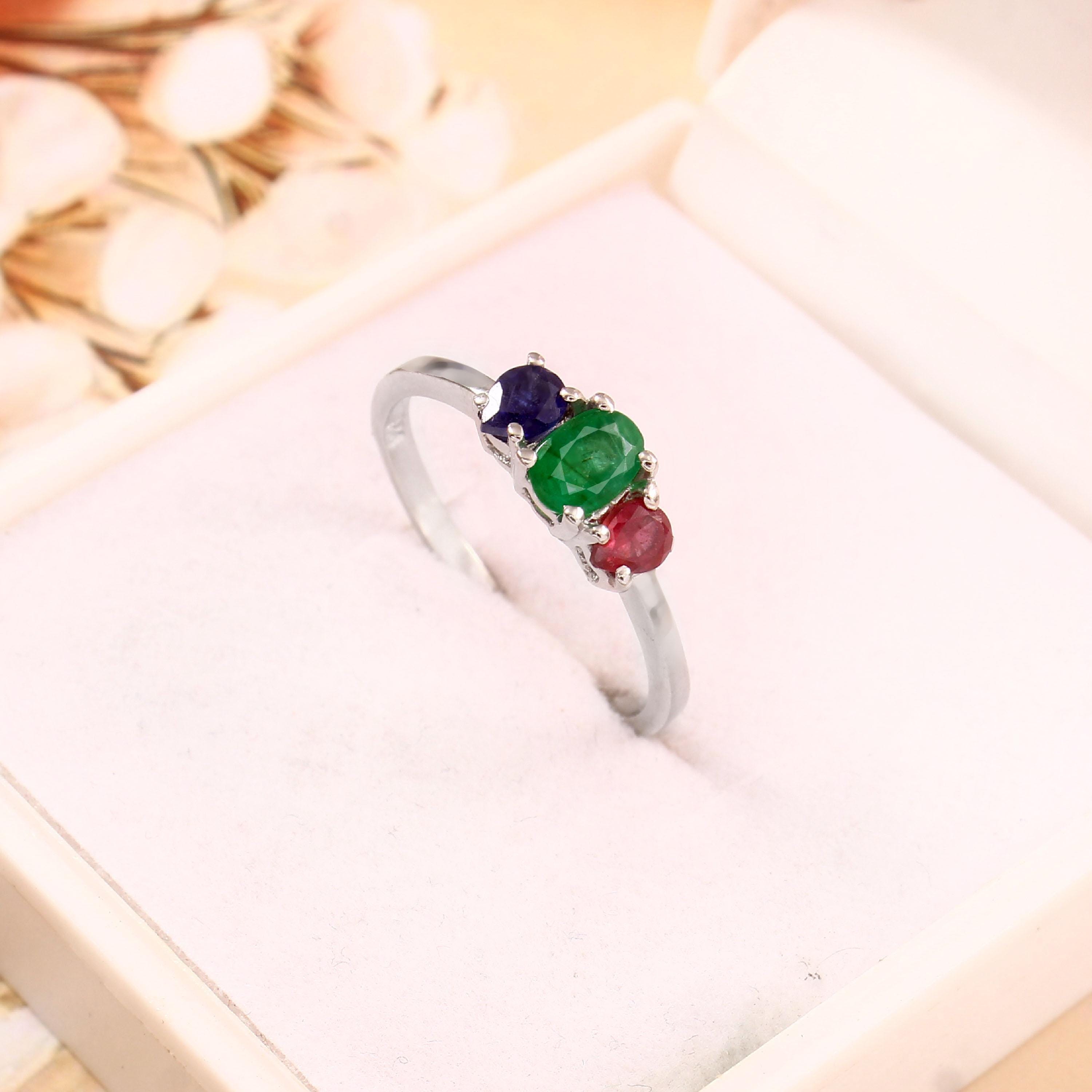 エメラルド、ルビー、サファイアリング：925スターリングシルバー 