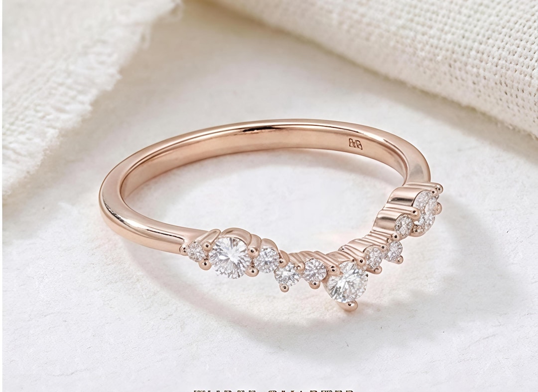 Curved Moissanite Chevron Ring, Rose Gold Stacking Band, Minimalist ...