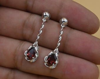 Vintage Pear Garnet Earrings: 925 Sterling Silver Dangle Drop