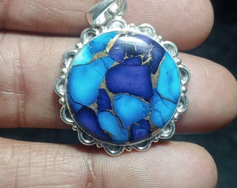 Ciondolo in pietra turchese a mosaico blu / Ciondolo in argento fatto a mano / Gioielli Boho Chakra