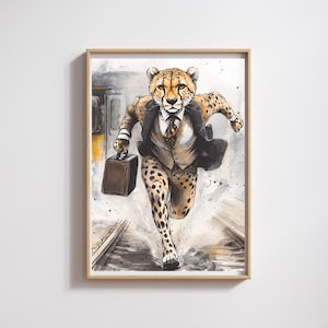 May include: Watercolor art print of a cheetah in a suit running on train tracks, holding a briefcase. The cheetah has a spotted coat and is wearing a suit, tie, and vest. The artwork is framed in a light wood frame.