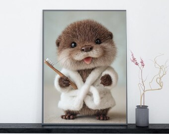 Baby Otter in Bathrobe Print – Whimsical Bathroom Art (Digital Download)Best seller wall art