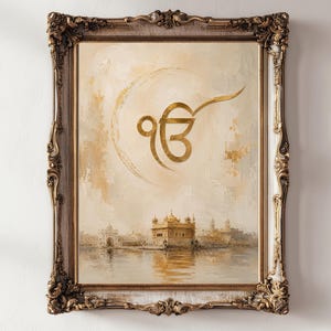 May include: A framed painting featuring the golden Ik Onkar symbol centred above a depiction of the Golden Temple in Amritsar. The artwork uses a palette of warm beige, cream, and gold tones with visible brushstrokes, encased in an ornate, antique-style gold frame with intricate carved detailing.