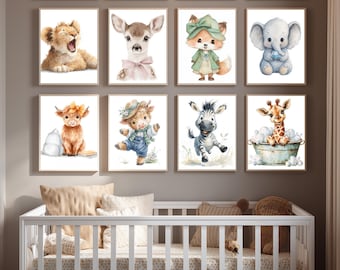 Juego de 8 impresiones de acuarela de animales de safari para guardería • Decoración de jungla con acuarela (descarga digital) Arte de pared más vendido