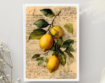 May include: A rectangular greeting card featuring a watercolor illustration of lemons on a branch with green leaves. The lemons are yellow, and the background is a vintage paper with handwritten script.