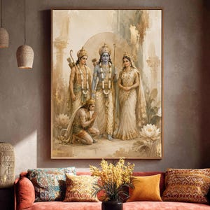 Arte mural Ram Darbar, Señor Ram, Sita, Laxman, Hanuman, arte mural religioso hindú, descarga digital, arte mural más vendido *