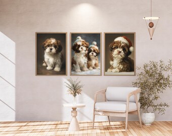 Láminas navideñas de cachorros Shih Tzu • Set de arte mural navideño para perros (descarga digital) Arte mural más vendido