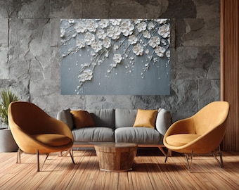 3D Textured Wall art White Flower Print, Elegant Artwork, Minimalist Digital Art Best Seller Wall art *