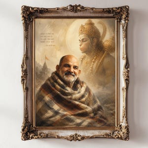 May include: A framed portrait featuring a smiling man with a shaved head wrapped in a plaid blanket, with a ghostly, ethereal figure of a deity in the background. The artwork is encased in an ornate, antique-style gold frame with intricate carvings.