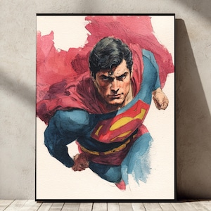 Può includere: Dipinto ad acquerello incorniciato di Superman in volo. L'opera presenta Superman in una posa dinamica, con il suo mantello rosso che svolazza dietro di lui. Indossa un abito blu con un emblema "S" rosso e giallo.